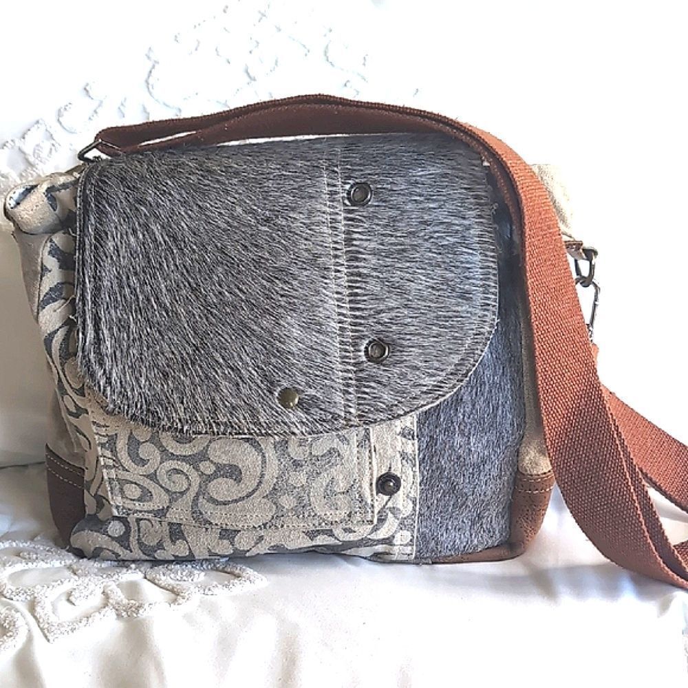 Myra Calf Hair/Canvas  Distressed Crossbody Messenger Bag